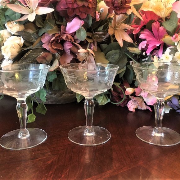 Set of 3 Elegant Etched Crystal Stemware 4 1/4